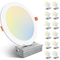Amico 12 Pack 8 Inch 5CCT Ultra-Thin LED Recessed Ceiling Light with Junction Box, 2700K/3000K/3500K/4000K/5000K Selectable, 18W Eqv 125W, Dimmable Canless Wafer Downlight, 1600LM High Brightness -ETL