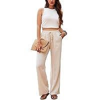 Beautiful Nomad Women's Linen High Waisted Straight Pants Casual Flowy Wide Leg Drawstring Trousers with Pockets