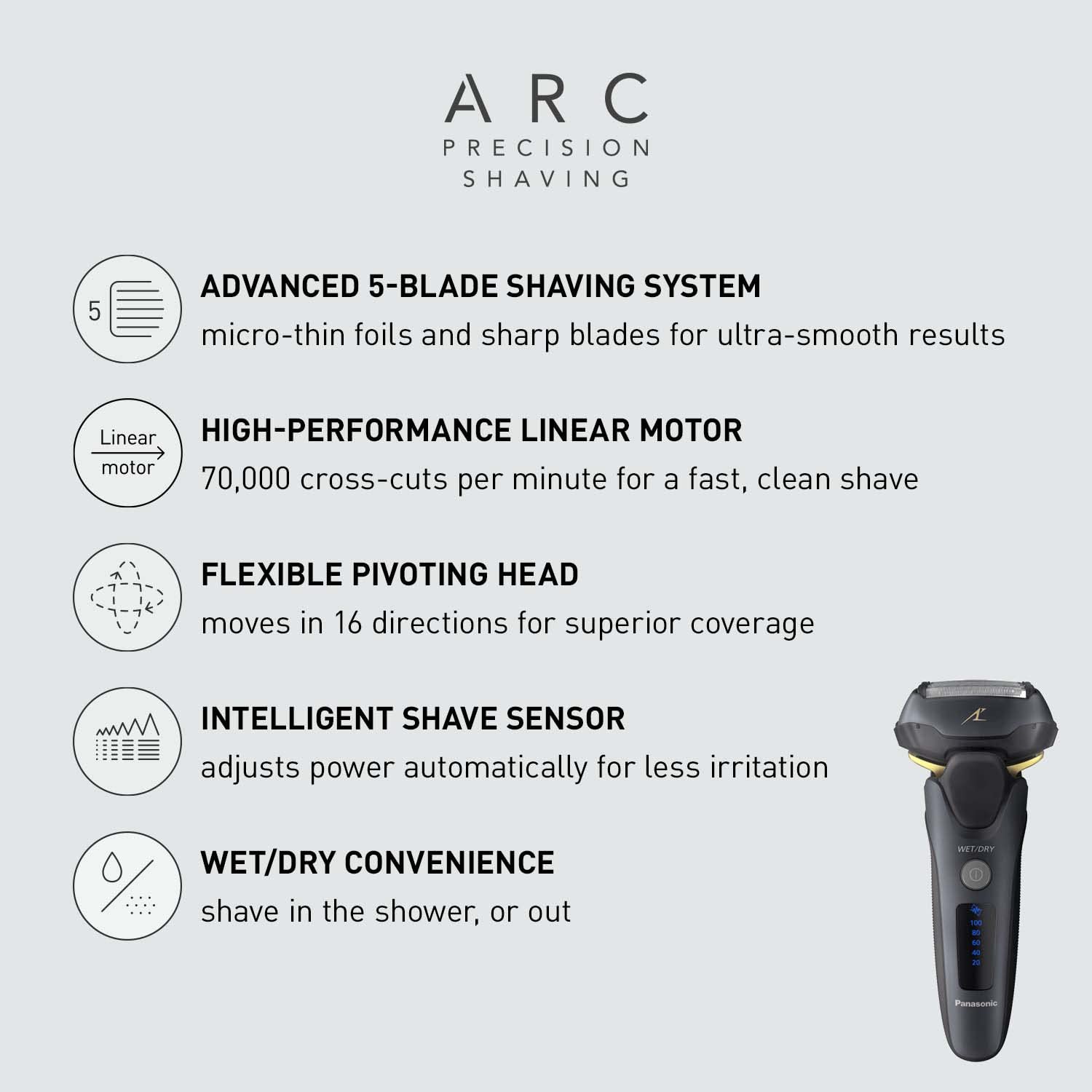 Panasonic ARC5 Electric Razor for Men with Pop-up Trimmer, Wet Dry 5-Blade Electric Shaver with Intelligent Shave Sensor and 16D Flexible Pivoting Head - ES-LV67-K (Black)