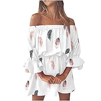 Womens 3/4 Length Puff Sleeve Dresses Floral Dresses for Women Chiffon Beach Hawaiian Ruched Midi Dresses