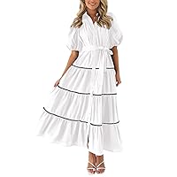 IMEKIS Women Summer Button Down Shirt Dress Causal Short Puff Sleeve Tiered Ruffle Flowy Long Maxi Beach Dresses with Belt