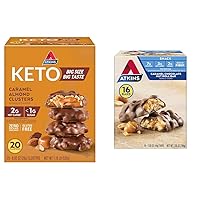 Atkins Caramel Almond Clusters, Gluten Free, High in Fiber, 1g Sugar, 2g Net Carb, Keto Friendly, 20 Count & Caramel Chocolate Nut Roll Snack Bar, Protein Snack, High in Fiber, 2g Sugar, 16 Count