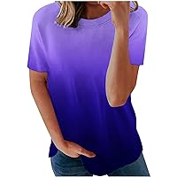 Womens Crew Neck Pullover Tops Casual Short Sleeve Summer Tshirts 2024 Fashion Gradient Tees Loose Fit Soft Tunic Blouses