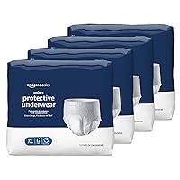 Amazon Basics Incontinence Underwear for Men and Women, Overnight Absorbency, Extra Large, 48 Count, 4 Packs of 12, White (Previously Solimo)