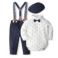 SALNIER Baby Boy Dress Suit Clothes Sets Infant Tuxedo Gentleman Suits Outfits Bowtie Shirt Suspenders Pants Beret Hat 0-24M