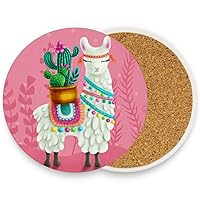visesunny Fun Llama With Cactus Floral Drink Coaster Moisture Absorbing Stone Coasters with Cork Base for Tabletop Protection Prevent Furniture Damage, 4 Pieces