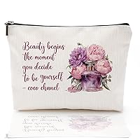 Coco Chanel Quotes Makeup Bag,Fashion Gift for Gilrs, Perfume Flower Beauty Begins The Moment You Decide To Be Yourself- Cosmetic Bag Waterproof Linen Toiletry Beauty Bag Travel Accessories Pouch,