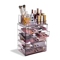 Clear Makeup Organizer with Brush Holder, Large Acrylic Cosmetic Display Jewelry & Make Up Organizers and Storage for Vanity, Bathroom (3 Large, 4 Small Drawers, Purple)