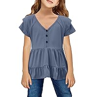 Girls Casual Peplum Tops V Neck Short Sleeve Shirts Button Tunic Blouses 5-14 Years