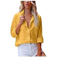 Cotton Linen Button Down Shirt for Women Fall Spring Casual Long Sleeve Solid Color Shirts Loose Work Tops with Pocket