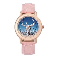 Cow Skull Flowers Women's Watches Classic Quartz Watch with Leather Strap Easy to Read Wrist Watch