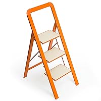 3 Step Ladder Folding Step Stool for Adults with Wide Anti-Slip Pedal, Aluminium Lightweight Foldable Step Ladders for Home Kitchen Office, 580 lbs Capacity (Orange)