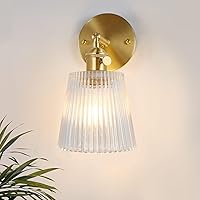 Vintage Wall Sconces with Transparent Stripe Glass Lampshade 180 Degree Adjustable Brass Sconces Modern Wall Lighting Fixture with Switch for Bedside Bedroom Doorway