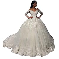 Women's Off Shoulder Long Sleeves Lace Sequins Wedding Dresses for Bride with Train Princess Bridal Ball Gowns