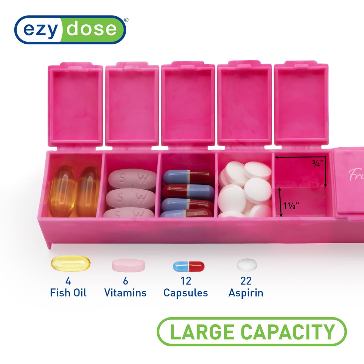 EZY DOSE Weekly (7-Day) Pill Organizer, Vitamin Planner, and Medicine Box, Large Compartments, Pink, Made in The USA