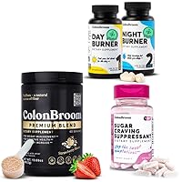 ColonBroom Premium Psyllium Husk Powder (60 Servings)+Day & Night Burner Supplements, Weight Management Pills (60 Servings)+Sugar Craving Suppressant - Chromium Picolinate 200mcg (60 Servings),4 items