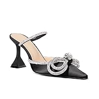 Juliet Holy Womens Rhinestone Bow Mule Heels Crystal Sparkly High Heel Backless Slip on Wedding Dress Shoes