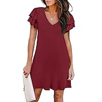 Women's Casual Dresses Ruffle Short Sleeve V-Neck Summer A-Line Cocktail Dress with Pockets