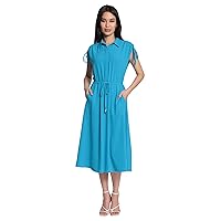 Maggy London Women's Collared Drawstring Waist and Shoulders Midi with Hidden 1/2 Placket