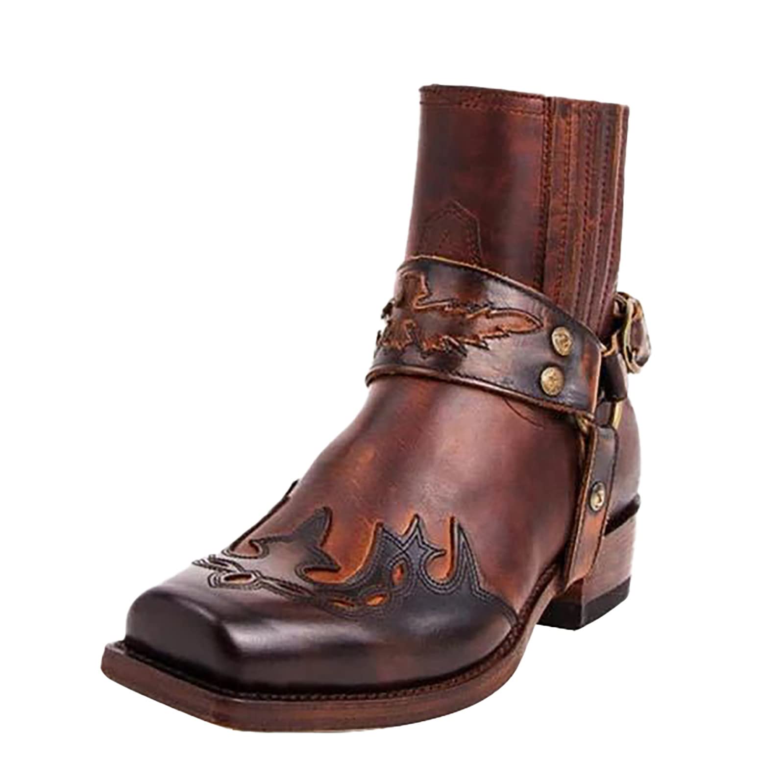Men's Western Ankle Boots Fashion Buckle Strap Slip-on Boots Retro Leather Pointed Toe Chunky Heel Booties Cowboy Short Boots