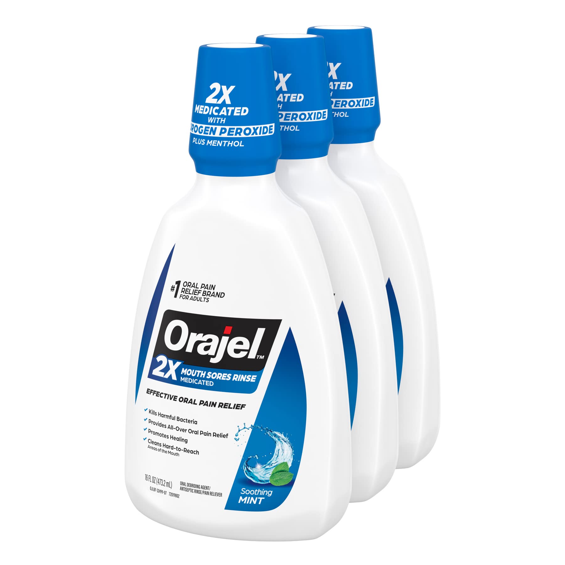 Orajel Nonseptic Mouth Sore Rinse 16oz, Soothing Mint Flavor, Provides Pain Relief, Promotes Healing, 3-Pack