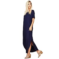 Women's Long Split Maxi Dress Casual Loose V Neck Short Sleeve Beach with Pockets