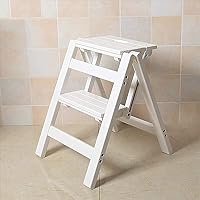 Step Ladder,2/3 Steps Sturdy Folding Wooden Ladder,Non-Slip Wide Tread Steps,Portable Adult Home Kitchen/Loft/Camping Footstool/Space Saving,Easy to Store/White/2 Layer