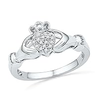 The Diamond Deal 10kt White Gold Womens Round Diamond Claddagh Hands & Heart Cluster Ring 1/20 Cttw