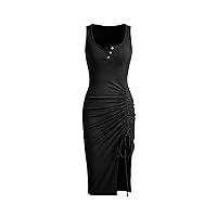 Womens Summer Ribbed Scoop Neck Button Sleeveless Tank Dress Slim Fit Side Split Ruched Drawstring Bodycon Midi Dresses