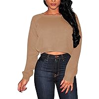 Pink Queen Women Casual Long Sleeve Pullover Cropped Sweater Jumpers Khaki S