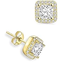 Beautiful Princess Cut Cubic Zirconia (6MM) Square Halo Party Wear Prong Set Stud Earring For Women's & Girls .925 Sterling Sliver