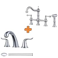 WOWOW 3 Hole Widespread Bathroom Faucet Chrome Bathroom Sink Faucets 2 Handle Bath Faucet 8 inch and 4 Hole Kitchen Faucet with Sprayer, 8 Inch Centerset Brass Bridge Kitchen Faucet