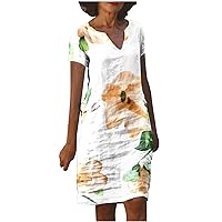 Summer Linen Dresses for Women Loose Split V Neck Tshirt Dresses Ladies Fashion Floral Print Casual Knee Length Dress
