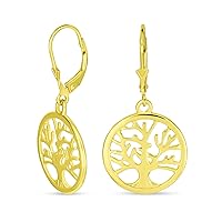 Oval Round Disc Natures Loving Family Wishing Tree of Life Dangle Stud Earrings For Women 14K Rose Gold Plated .925 Sterling Silver Lever back