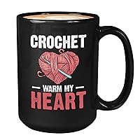 Crochet Coffee Mug 15oz Black - Crochet Warm My Heart - Crocheting Knotty Hand Craft Chain Darning Lace Sewing Hooking Mother's Day Grandma