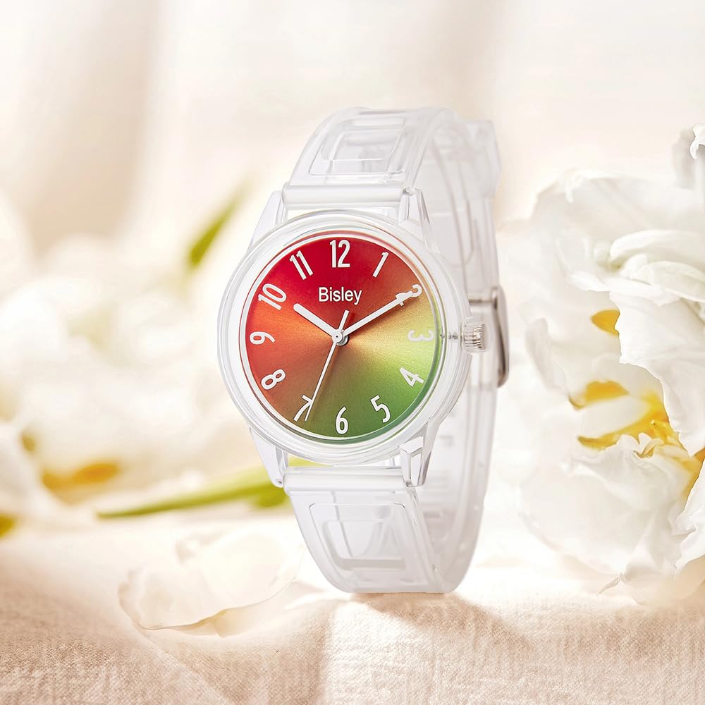 Women's Clear Watch Colorful Rainbow Dial Analog Watches Simple Waterproof Watch for Girls