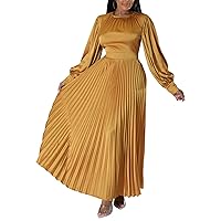 xxxiticat Women's Pleated Satin Party Dress Long Lantern Sleeve Maxi African Dresses