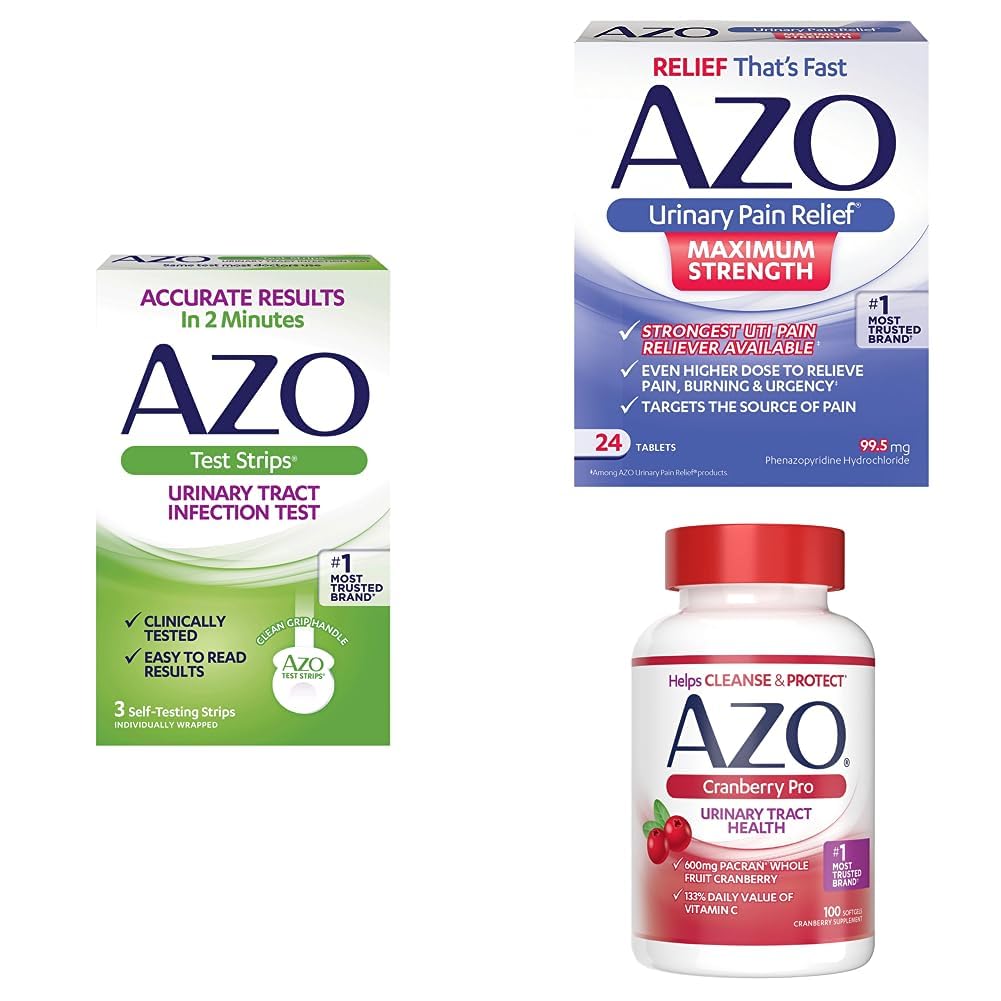 AZO UTI Pain Relief Bundle – AZO UTI Test Strips 3ct, AZO Urinary Pain Relief Max Strength 24ct, AZO Cranberry Pro Supplement 100ct