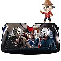 Horror Movie Characters Windshield Sun Shade and 3D Resin Horror Movie Nightmare Character Car Air Freshener Vent Clips Bundle for Car Truck Sedan SUV, Protective Interior Accessory