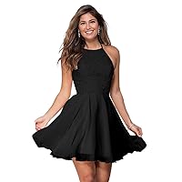 Women's Chiffon Homecoming Dress Laces Applique Short Prom Dresses Knee Length Halter Teens Graduation Party Gown Black