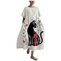 Linen Dress for Women Summer 2024 Fashion Cat Print Oversized Japanese Art Crewneck Short Sleeved Casual Dress