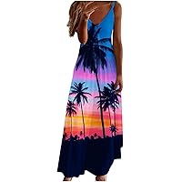 Women's Summer Dresses 2024 Beach Vacation Hawaiian Sundresses Boho Tropical Print Spaghetti Strap Casual Maxi Dress Womens Summer Outfits Tops De Mujer