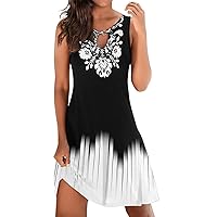 Women Summer Loose Dress Sleeveless Floral Print V Neck Hollow Out Sundress Casual Beach Dress Mini Date Dress