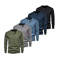 5Pcs Set Henley Men's Long Sleeve T-Shirt Cotton Casual Male T-Shirt Spring and Summer Solid Color Tee Men Autumn