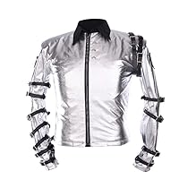 Mens Michael Classic Bad World Tour Punk Belts Costume Silver Satin Biker Jacket