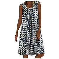 Women's Casual Loose-Fitting Summer V-Neck Trendy Glamorous Dress Beach Sleeveless Knee Length Flowy Print Swing Blue