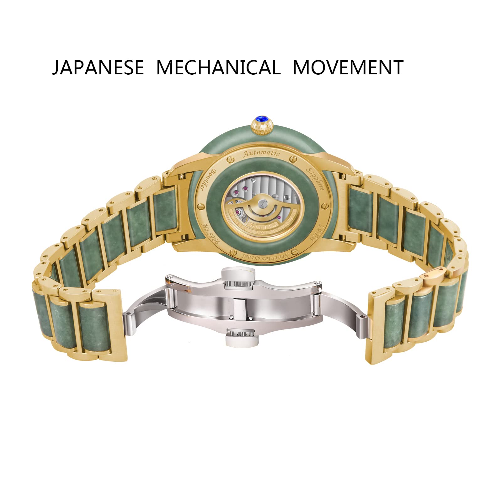 Diella Automatik Herren Uhren, Luxus Grün Jade und Gold Männer Mechanische Uhren, Edelstahl Wasserdicht Armband Uhren für Herren