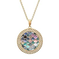 Sparkle Glitter Mermaid Scales Pattern Diamond Round Pendant Necklace For Women Girls Mothers Gifts