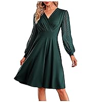 Women's Cocktail Elegant Sexy V-Neck Sheer Mesh Long Sleeve Solid Color Pleated A-Line Dress Formal Party Prom Dress