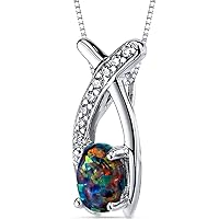 PEORA Created Black Fire Opal Pendant Necklace 925 Sterling Silver, Open Infinity Solitaire, 0.75 Carat, Oval 7x5mm with 18 inch Chain